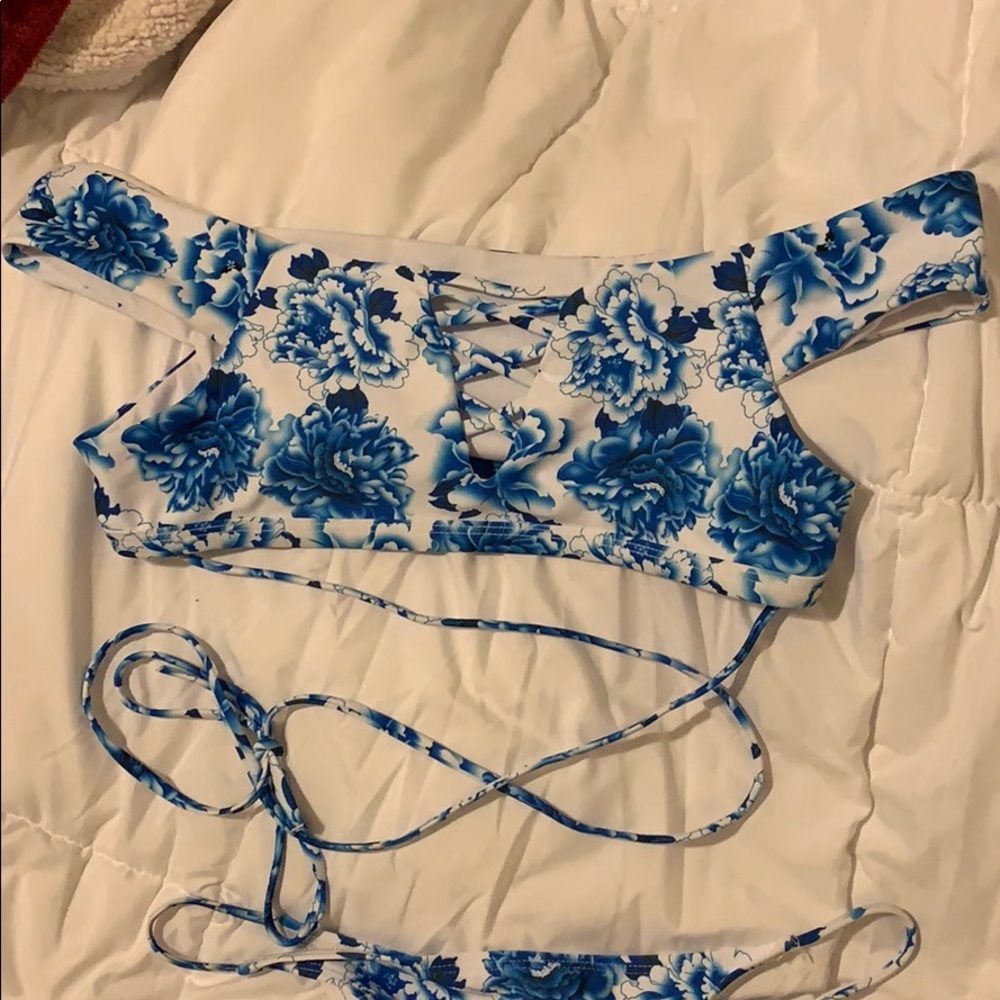 Blue & White Off The Shoulder Tie Bikini Set